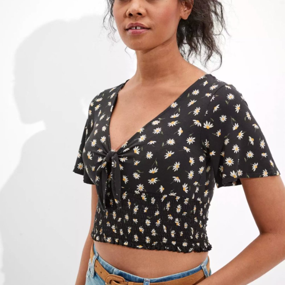 AE Floral Smocked Tie-Front T-Shirt Crop